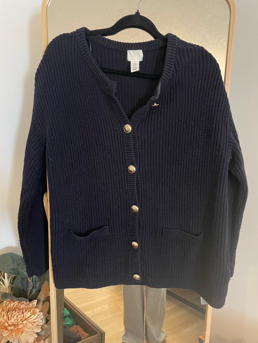 H&M Navy Chunky Ribbed Button-Up Cardigan with Gold Buttons